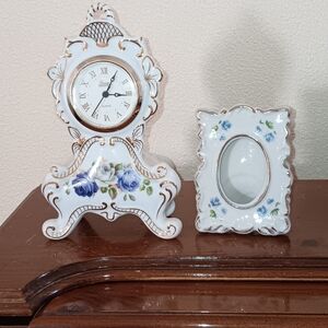 Elegant Porcelain Clock and Frame Set with Blue Floral Design